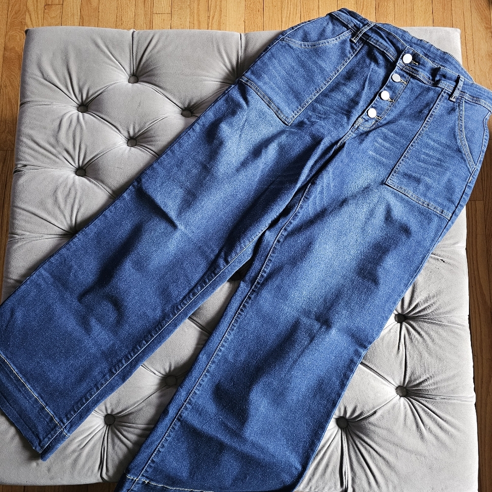 Wide Leg High Waisted Stretchy Jeans Dark Wash Sz XL - Picture 4 of 5